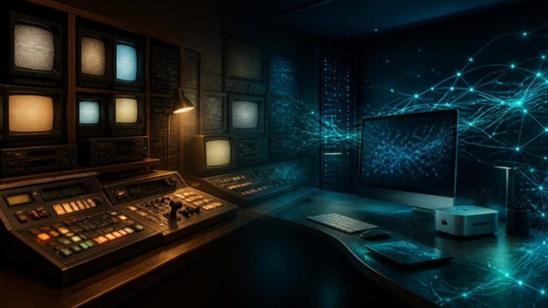A 1990s broadcast control room transitioning into a modern AI workspace